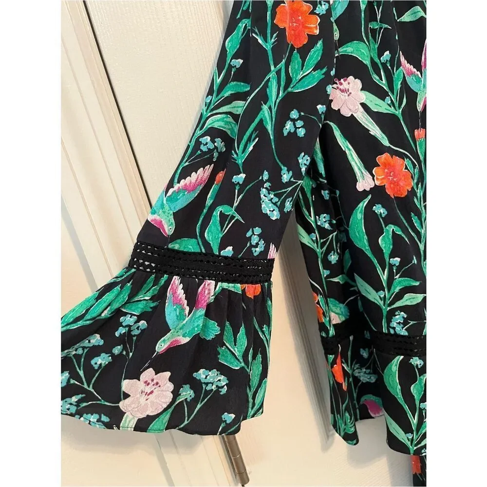 Kate Spade Hummingbird Floral Romper Black Crepe Tassel XS